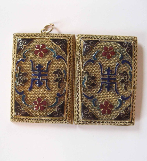 Chinese Mesh Enamel Perfume Pendant, Gold Wash - image 4