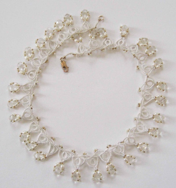 Genuine Pearl and Hand Crocheted Lace Tatted Bead… - image 2