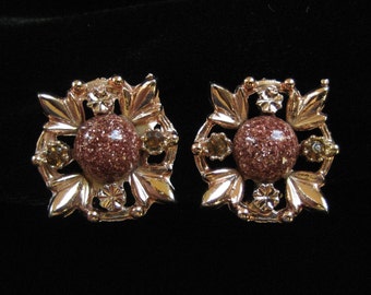 Gold Stone Earrings, Rose Gold Plated, Topaz Rhinestone Accents