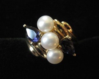 10K Genuine Pearl and Iolite Ring, Size 5.5