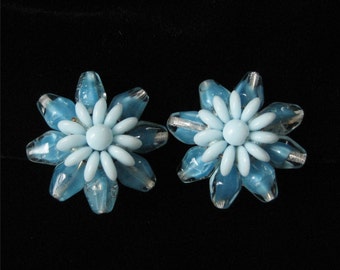 Blue Givre Glass Flower Earrings, West Germany