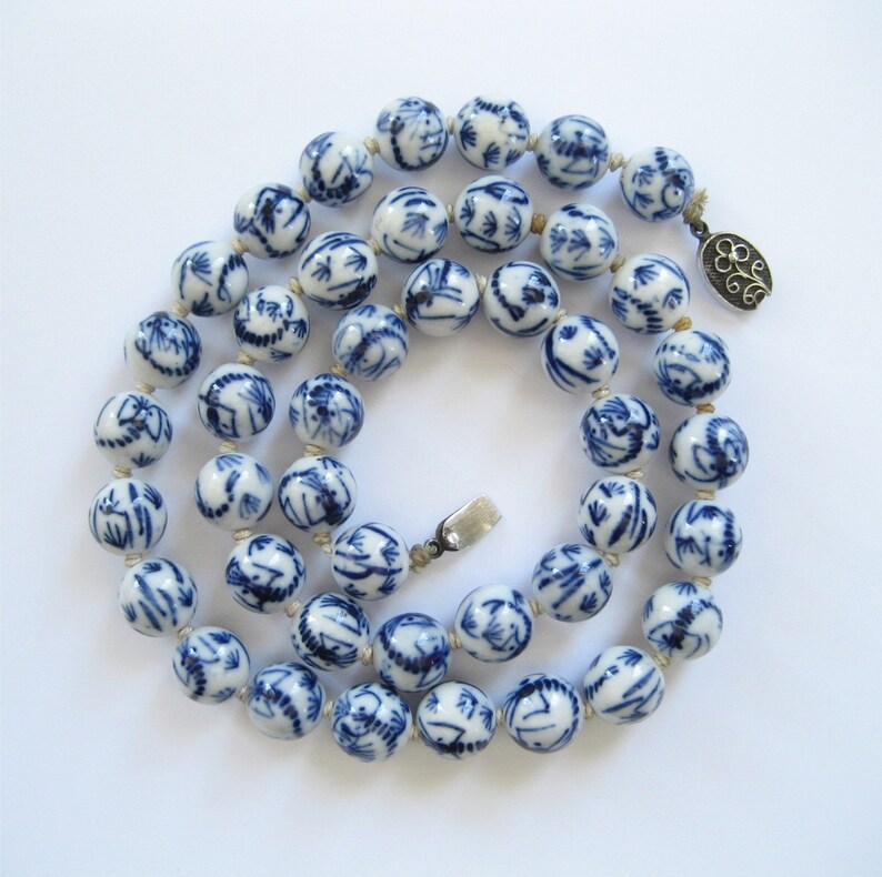 Blue on White Chinese Porcelain Beads, Scorpions, Filigree Silver Clasp