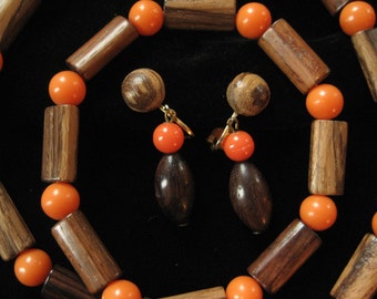 Genuine Wood and Orange Bead Necklace and Earring Demi