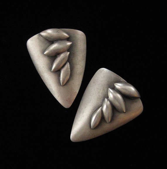 1980's Abstract Modern Earrings, Pewter Plated Bru