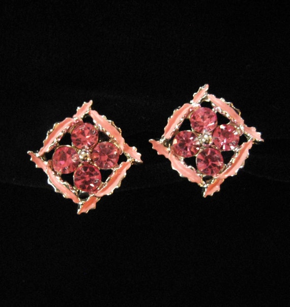 Pink Enamel and Rhinestone Earrings