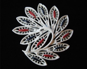 White Enamel Brooch, Red and Blue Accents