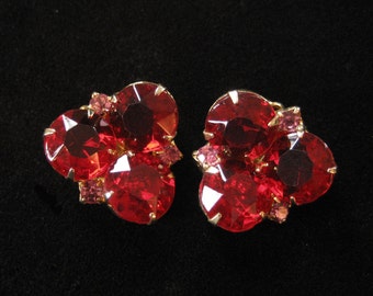 Red Rhinestone Earrings, Rose Pink Rhinestone Accents