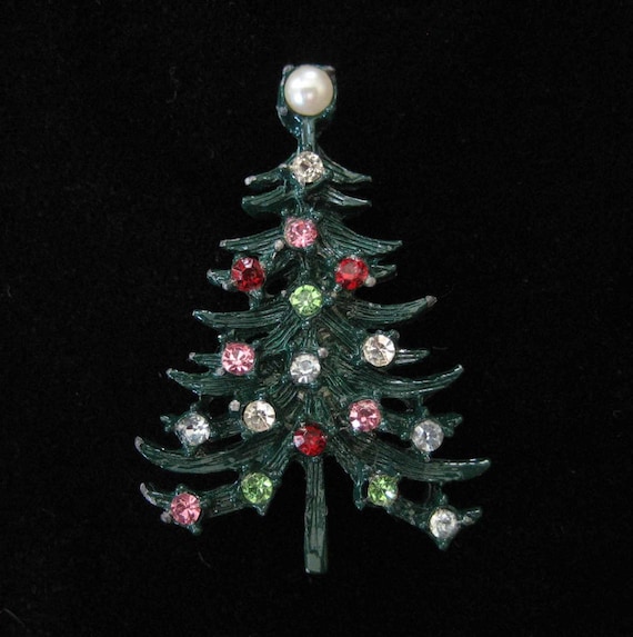 Green Enamel Christmas Tree Brooch - image 1