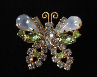 Adorable Light Blue and Spring Green Rhinestone Butterfly Brooch