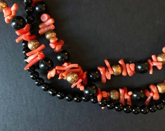 Genuine Branch Coral and Black Glass Beaded Necklace