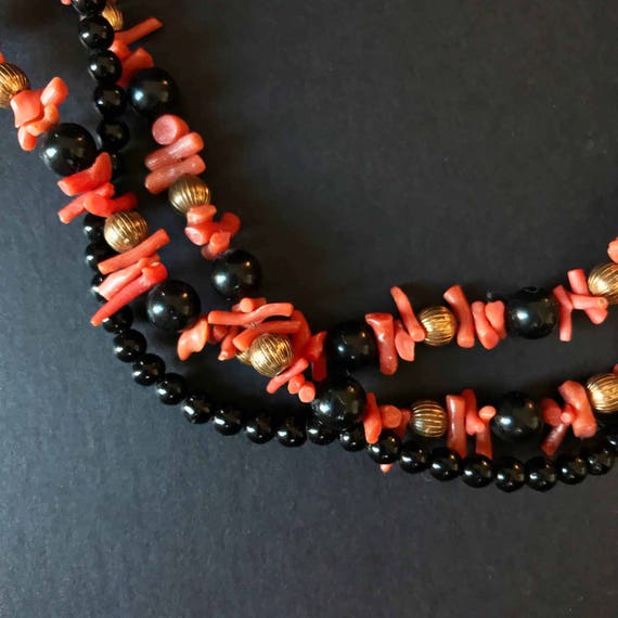 Genuine Branch Coral and Black Glass Beaded Neckla