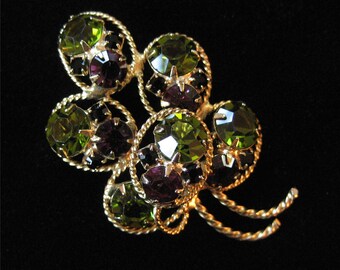 Green, Purple, and Black Rhinestone Brooch with Rope Edging Detail