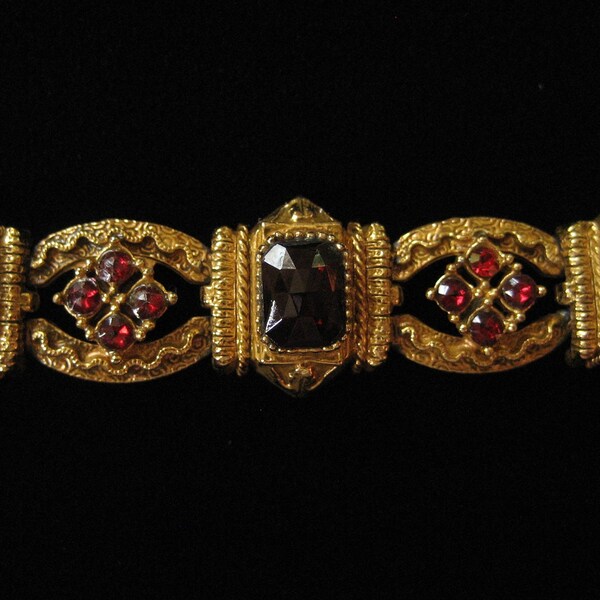 ART Signed Bracelet, 1960's, Garnet Red Victorian Revival