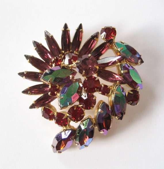 Purple and Red Rhinestone Demi, Brooch and Earrin… - image 2