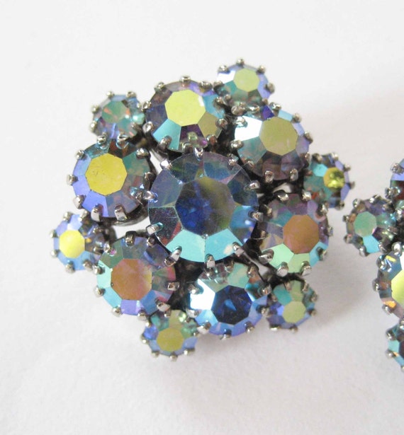 Peacock Blue AB Rhinestone Earrings, 1960's - image 2