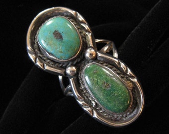 Green and Blue Navajo Turquoise Ring, Two Gorgeous Stones, Size 9 Ring