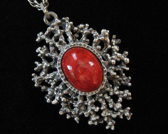 Red Art Glass Brutalist Abstract Modern Pendant Necklace 1970s