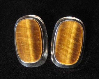 Joachim S'Paliu Tiger's Eye Modernist Sterling Earrings, RARE