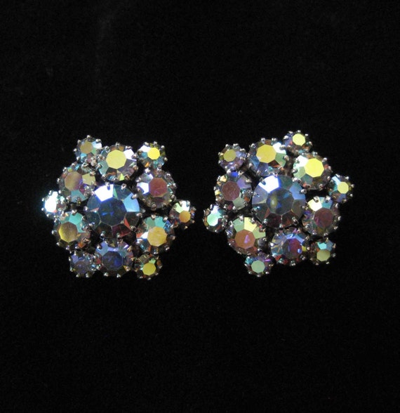 Peacock Blue AB Rhinestone Earrings, 1960's - image 1