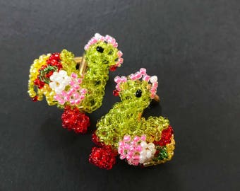 Beaded Chicken Cuff Links, Tiny Woven Seed Bead Sculpures