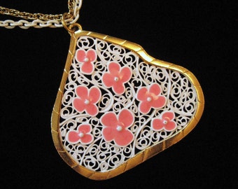 White Enamel Abstract Filigree Mod Pendant Necklace with Pink Flowers