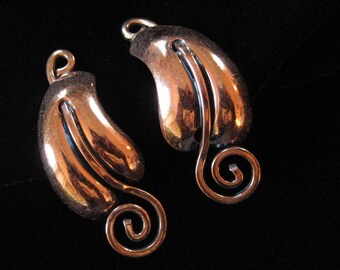 Copper Earrings, Leaf and Spiral Design