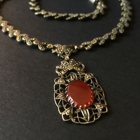 1920's Carnelian and Brass Faux Marcasite Necklace | Etsy