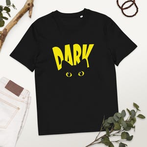 Dark Cat Eyes T-Shirt | Bold Yellow Typography Cat Design | Spooky Black Cat Tee | Halloween Graphic Shirt for Cat Lovers