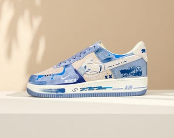Custom Blue Suede AF1 Sneaker – Emoji Graffiti Shoes – Hand Painted Hip Hop Sneakers – Street Dance Gift for B-Boy / B-Girl