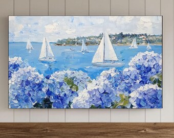 Hortensia print Samsung frame tv-kunst, zomer Samsung screensaver, kustkunst, bloemen zeilboot print, nautisch decor, zomer olieverfschilderij