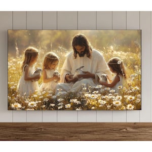 May include: A painting of Jesus surrounded by three children, all holding white rabbits. The scene is set in a field of daisies with a warm, golden light.