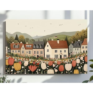 Printable Cute Spring Wall Art, Spring Village Wallpaper, Spring Farmhouse Decor, Tulip Spring Town Canva, Digital Download