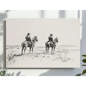 Cowboys on Horses Sketch Print Western Wall Art, Vintage Horse Sketch Print, Farmhouse Decor Country Digital File, PRINTABLE