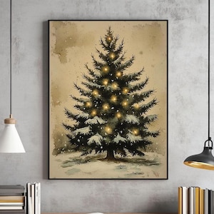 Rustic Christmas Tree Print, Christmas Decor Printable Wall Art, Moody Natural Antique Holiday Winter Evergreen Tree Painting