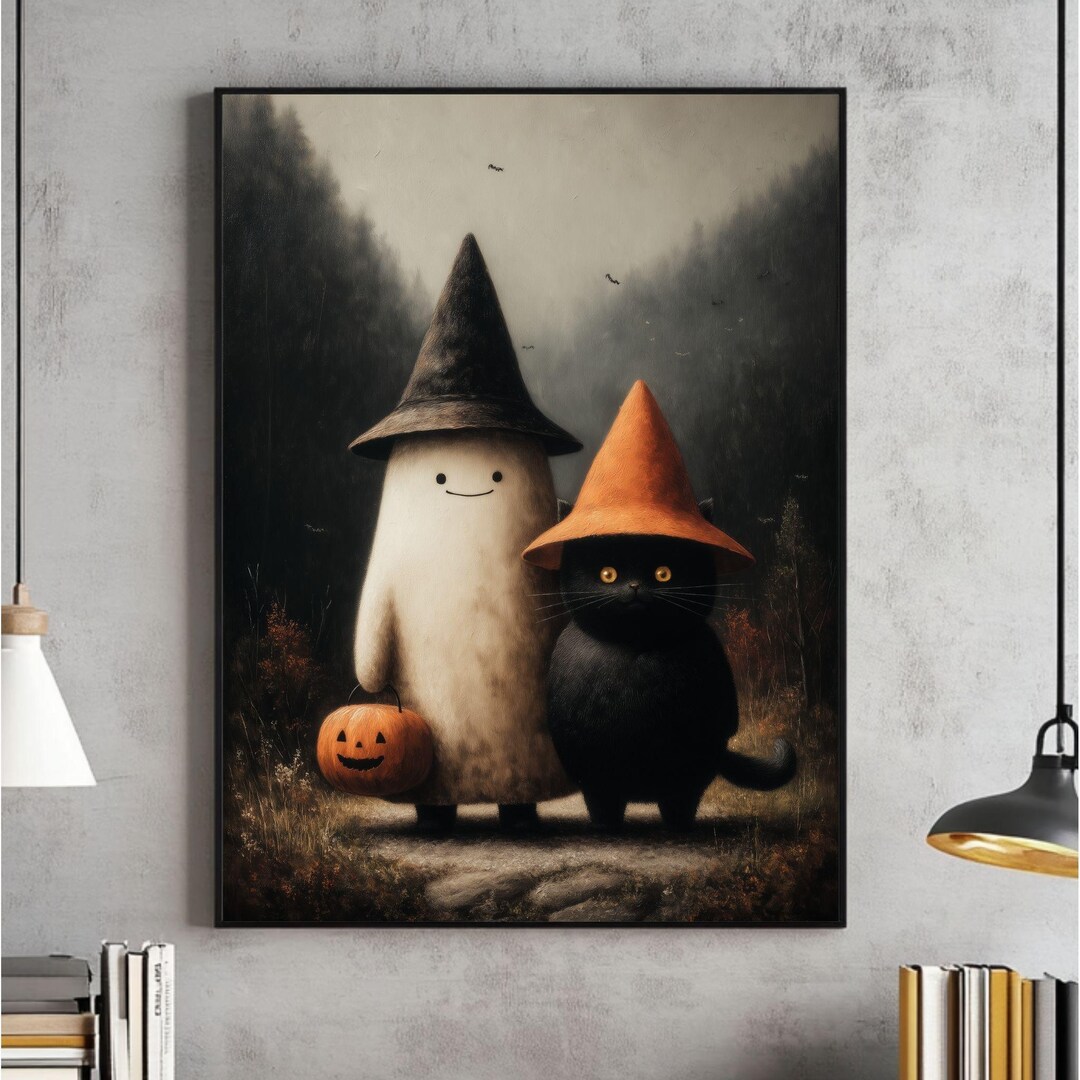 Cute Ghost and Black Cat in Dark Forest Wall Art, Vintage Halloween ...