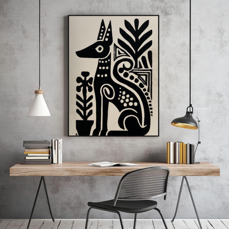 May include: Black and cream-colored framed art print featuring a stylized dog illustration. The dog is depicted in black with decorative patterns, sitting beside a potted plant. The background is cream-colored, and the frame is black.