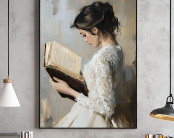 Puede incluir: Pintura enmarcada de una mujer con un vestido blanco leyendo un libro. La obra de arte utiliza una paleta de colores suaves, destacando el rostro de la mujer y las páginas del libro. La pintura está enmarcada con un marco negro.