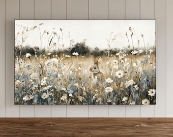 Rabbit Frame TV Wall Art, Vintage Style Wildflower Field, Spring Floral Samsung Wallpaper, Easter Bunny Screensaver, Digital Download