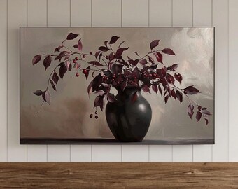 Burgundy Painting Frame TV Wall Art, DIGITAL DOWNLOAD, Vintage Fall Samsung Screensaver, Floral Background