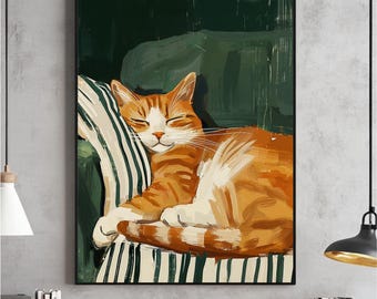 Sleeping Cat Large Wall Art, Contemporary Art, Minimalist Print, Living Room Dark Green Decor, Stripe Kitten Printable, Digital Download