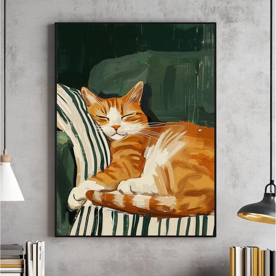 Sleeping Cat Large Wall Art, Contemporary Art, Minimalist Print, Living Room Dark Green Decor, Stripe Kitten Printable, Digital Download