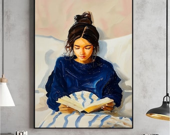 Woman Reading in Bed Wall Art, Book Lover Poster, Reading Nook Library Decor Print, Whimsical Retro Girly, Cozy Bedroom Digital Download