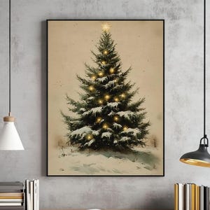 Vintage Christmas Tree Print, Christmas Decor Printable Wall Art, Moody Natural Antique Holiday Winter Evergreen Tree Painting