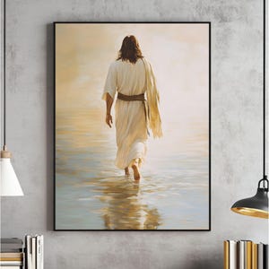Jesus Christ Walking on Water Wall Art, Christian Art, Digital Jesus Portrait, I Will Walk With Christ LDS, Jesus Oil Painting, Bible Verse