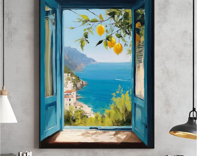 Mediterranean Window View Printable Art – Coastal Lemon Tree Wall Decor ...