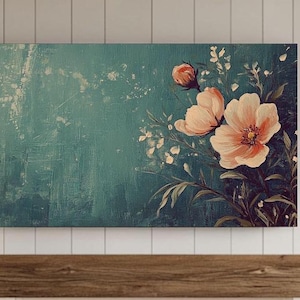 Flower Painting Frame TV Art, Antique Dark Green Peach Wildflower Screensaver, Earthy Organic Floral Vintage Botanical Summer Decor