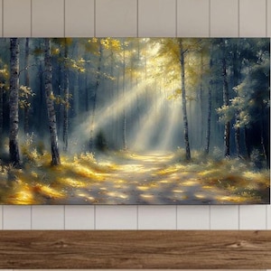 Puede incluir: Una pintura que representa una escena de bosque con la luz del sol que se filtra a través de los árboles. Los árboles son principalmente abedules con corteza blanca y hojas verdes. El suelo está cubierto de hojas caídas y hay un camino que conduce a través del bosque.