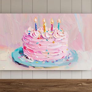 May include: A pink birthday cake with colorful candles and sprinkles on a blue plate. The cake is painted in a loose, expressive style.