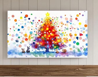 Christmas Tree Festive Frame TV Art, Gold Xmas Tree Festive Town Samsung Background, Snowy City, Winter Holiday Samsung Digital Download
