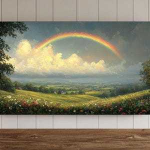 Vintage St. Patrick&#39;s Day Frame TV Wall Art, Antique Irish Landscape Oil Painting with Rainbow, Farmhouse Decor, Shamrock, Digital Download